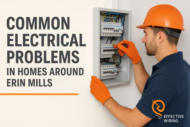 Electrician inspecting circuit panel in Erin Mills home