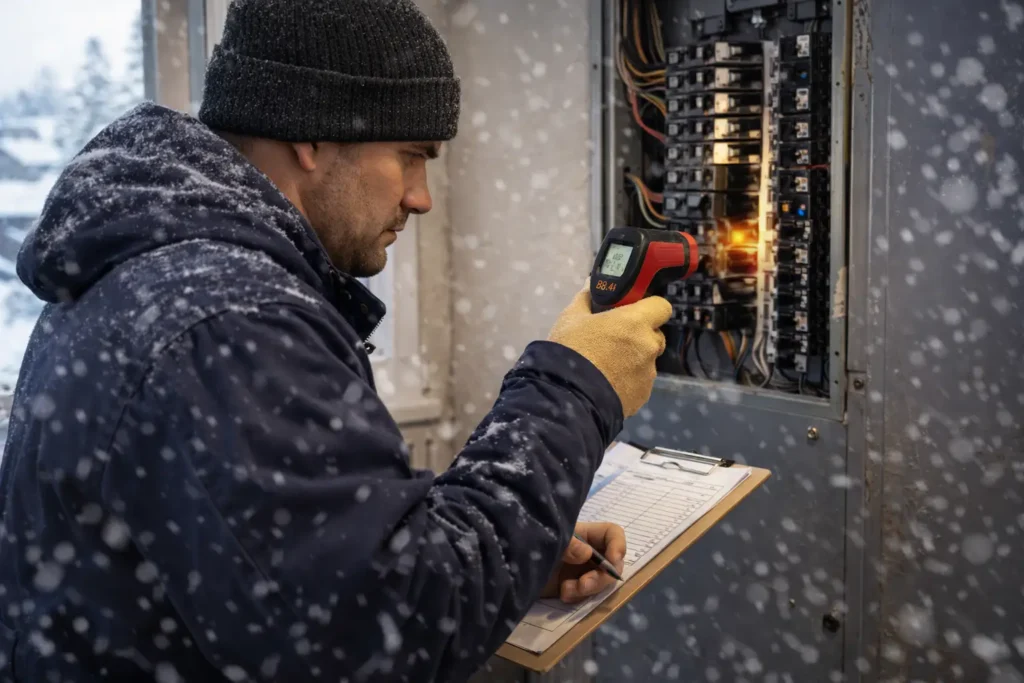 Electrician inspecting an electrical panel during winter