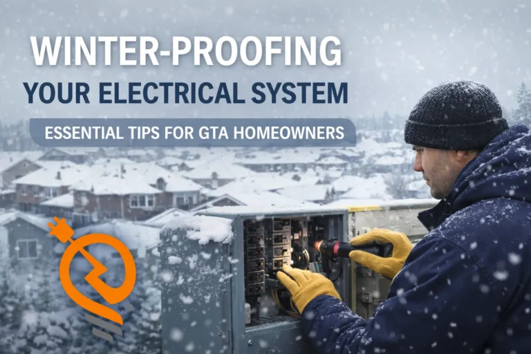 Electrician inspecting an electrical panel during winter in the GTA