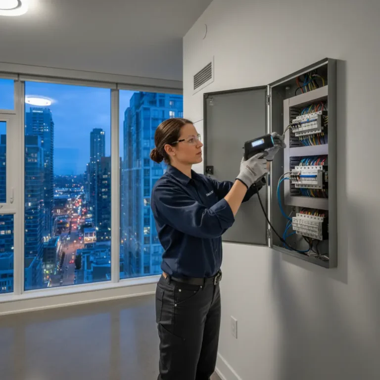 Electrician inspecting an electrical panel inside a Downtown Mississauga condo