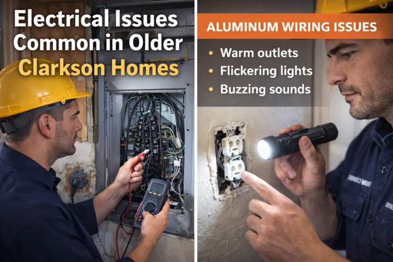 Electrician inspecting wiring in an older Clarkson home